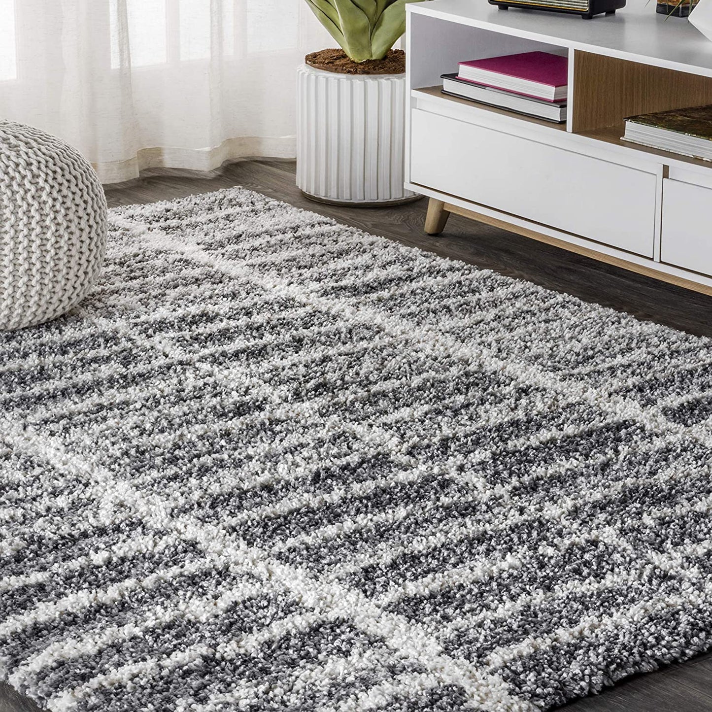 Merida Stacked Grid Shag Grey/Ivory Soft Area Rug