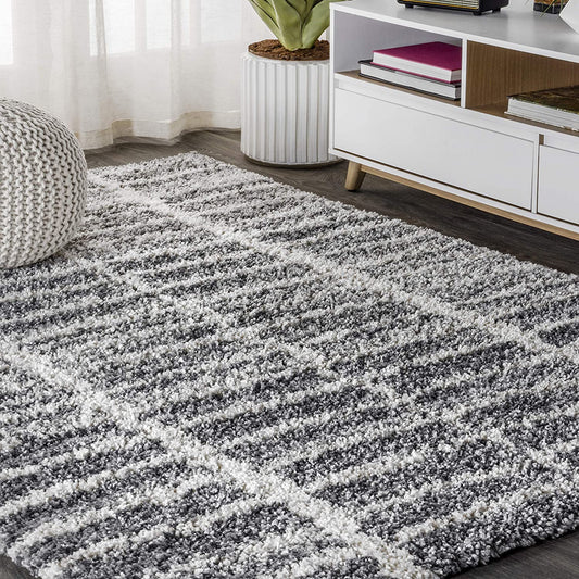Merida Stacked Grid Shag Grey/Ivory Soft Area Rug