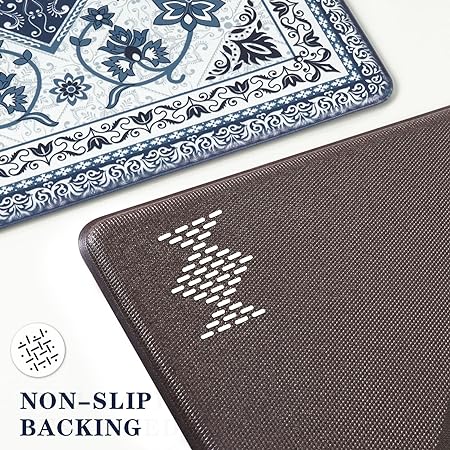 Cushioned Anti-Fatigue Memory Foam Non Skid Waterproof, Blue Retro Floor Comfort Mat, 18'' x 48'' + 18'' x 30''
