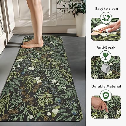 Black Green Botanical Kitchen Rugs Set of 2 2/5" Thick Leather Carpet for Laundry Office Sink(17.3" x28" + 17.3" x 47"