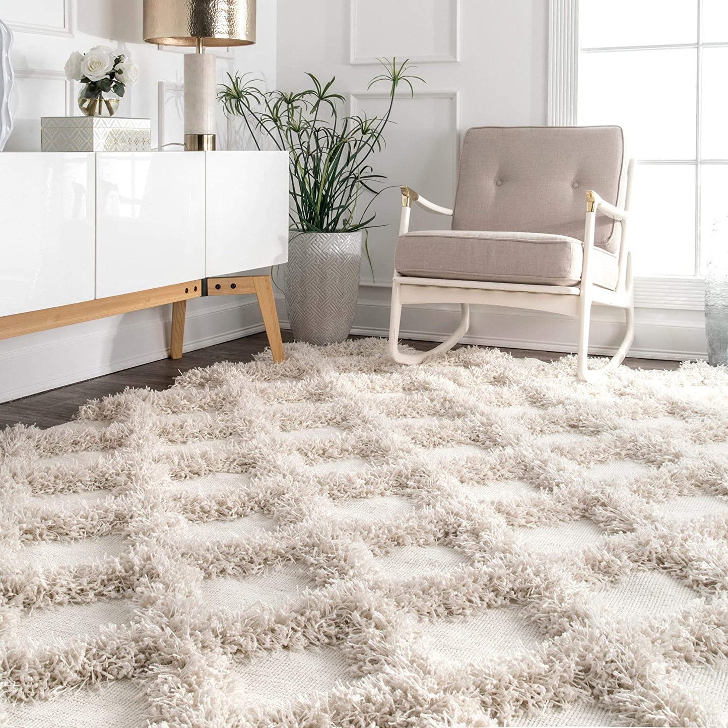 Diamond Trellis Shag Area Rug, Ivory