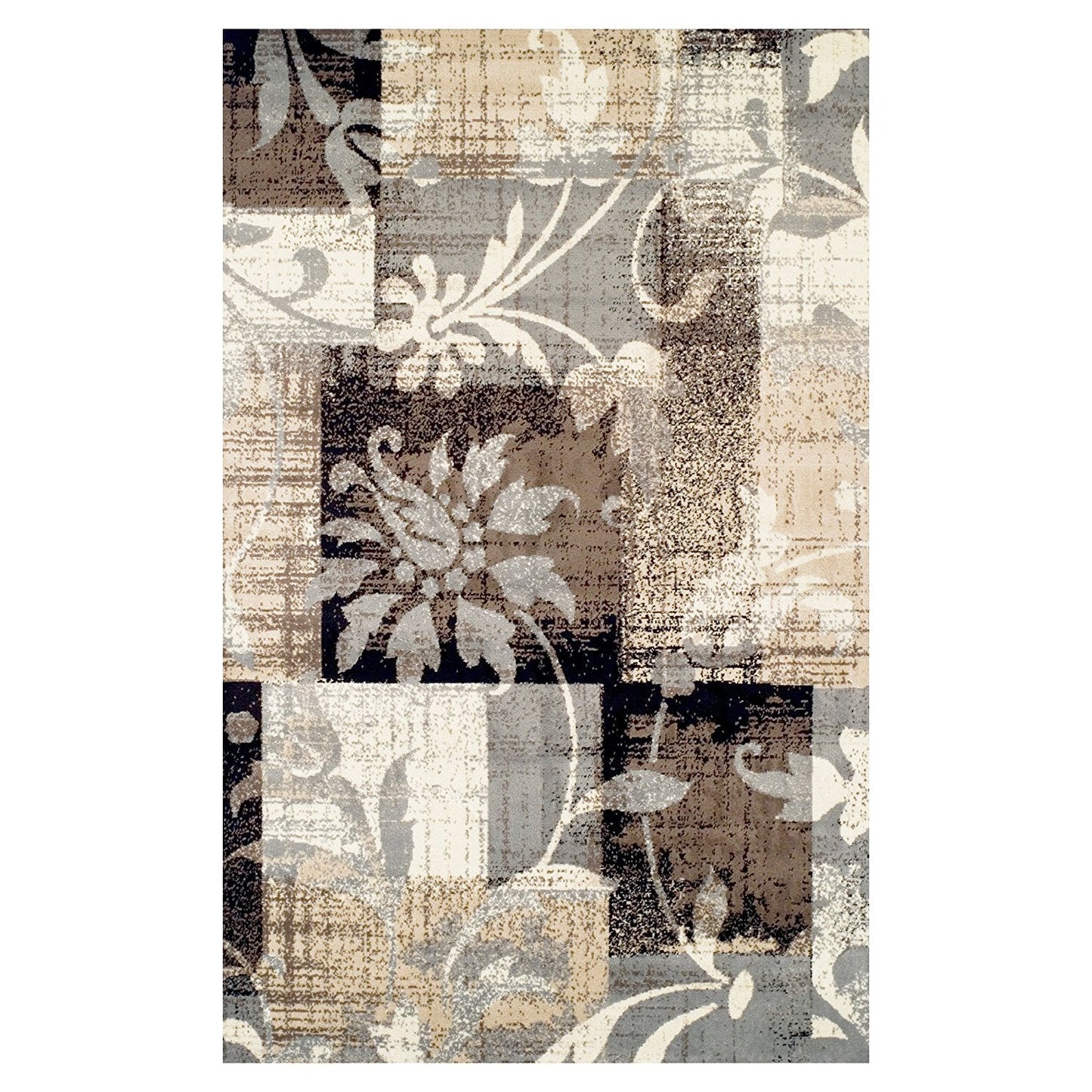 Floral Patchwork Design Brown Ivory Area Rug