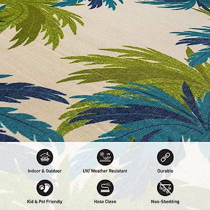 Tropical Floral Border Non-Shedding Outdoor Rugs - 2' x 7'