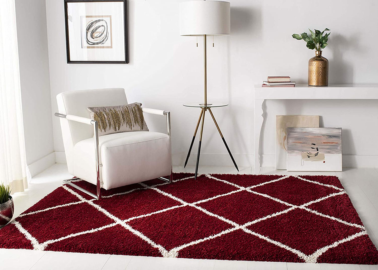 Diamond Trellis Red/Ivory Soft Plush Shag Area Rug 2-inch Thick