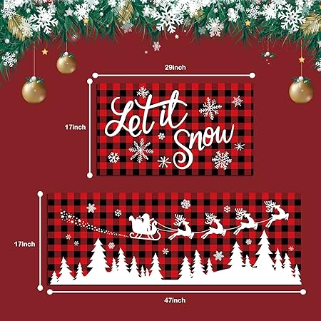 Set of 2, Let It Snow Santa Xmas Decor Red Buffalo Plaid Kitchen Mats, 17x29 and 17x47 Inch