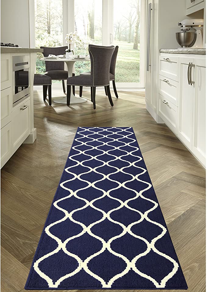 Maples Rugs Rebecca Contemporary Runner Rug Non Slip Navy Blue/White