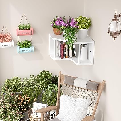 Pine Wood Shelves 90° Corner Floating Cabinet Shelf for Wall, 18’’ Bedside Corner Wall with Cord Hole