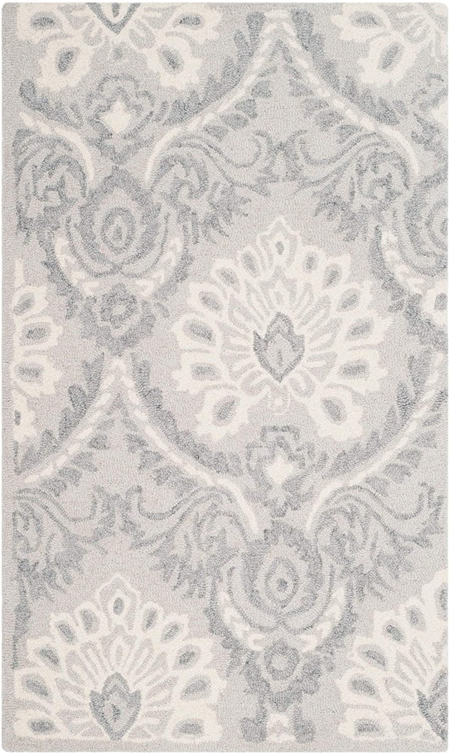 Damask Handmade Premium Wool Area Rug, Light Grey / Ivory