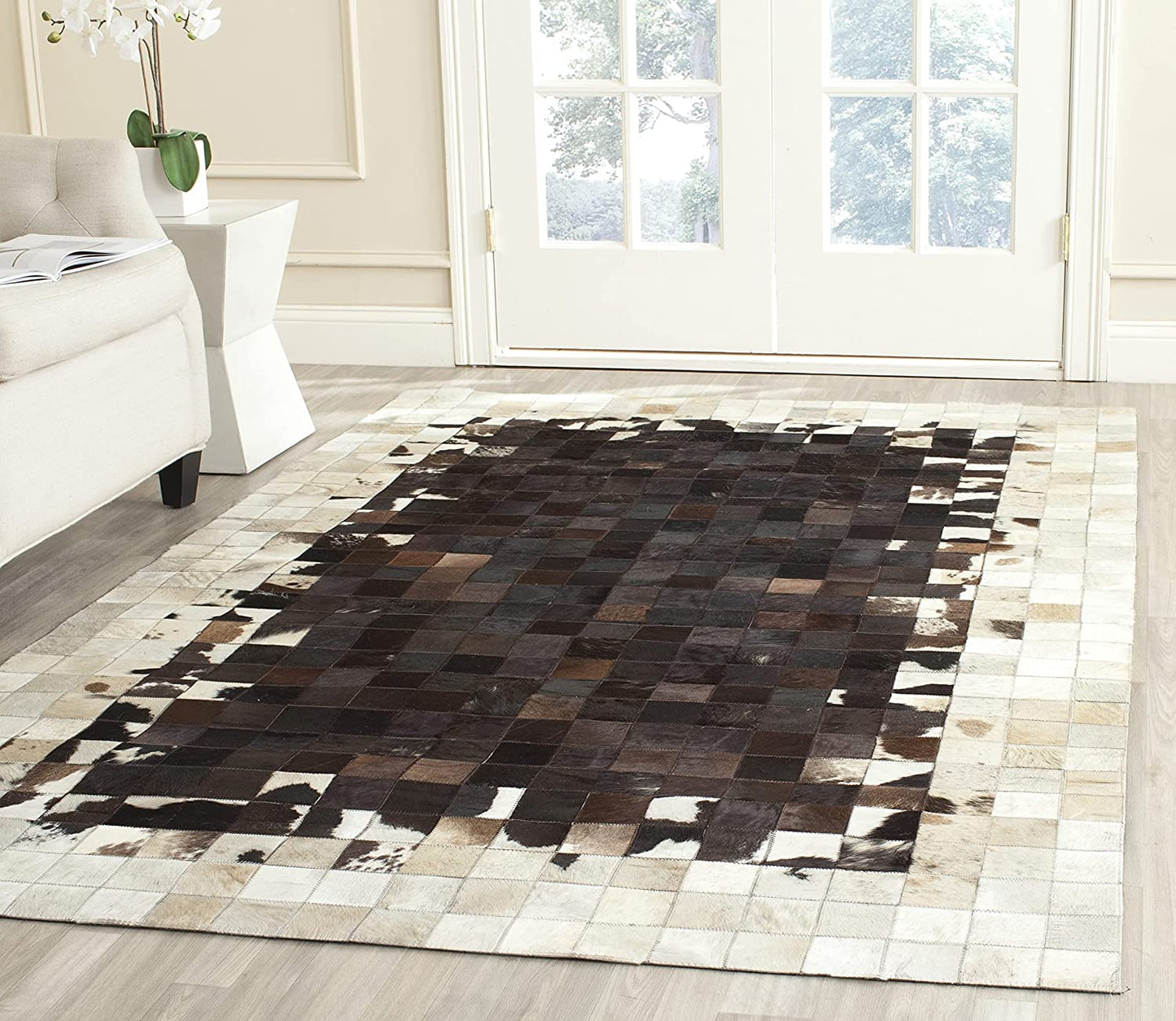 Leather Collection STL215A Handmade Modern Leather Area Rug Ivory / Brown