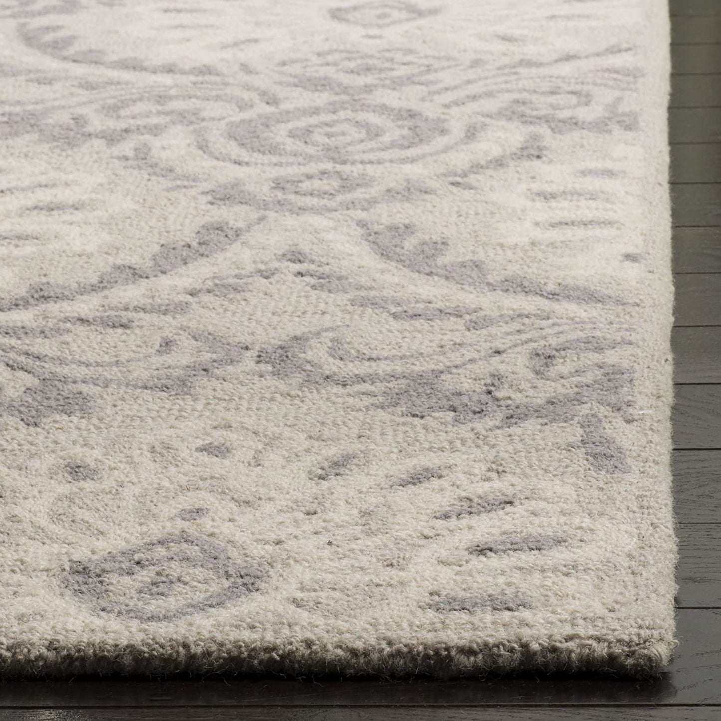 Damask Handmade Premium Wool Area Rug, Light Grey / Ivory
