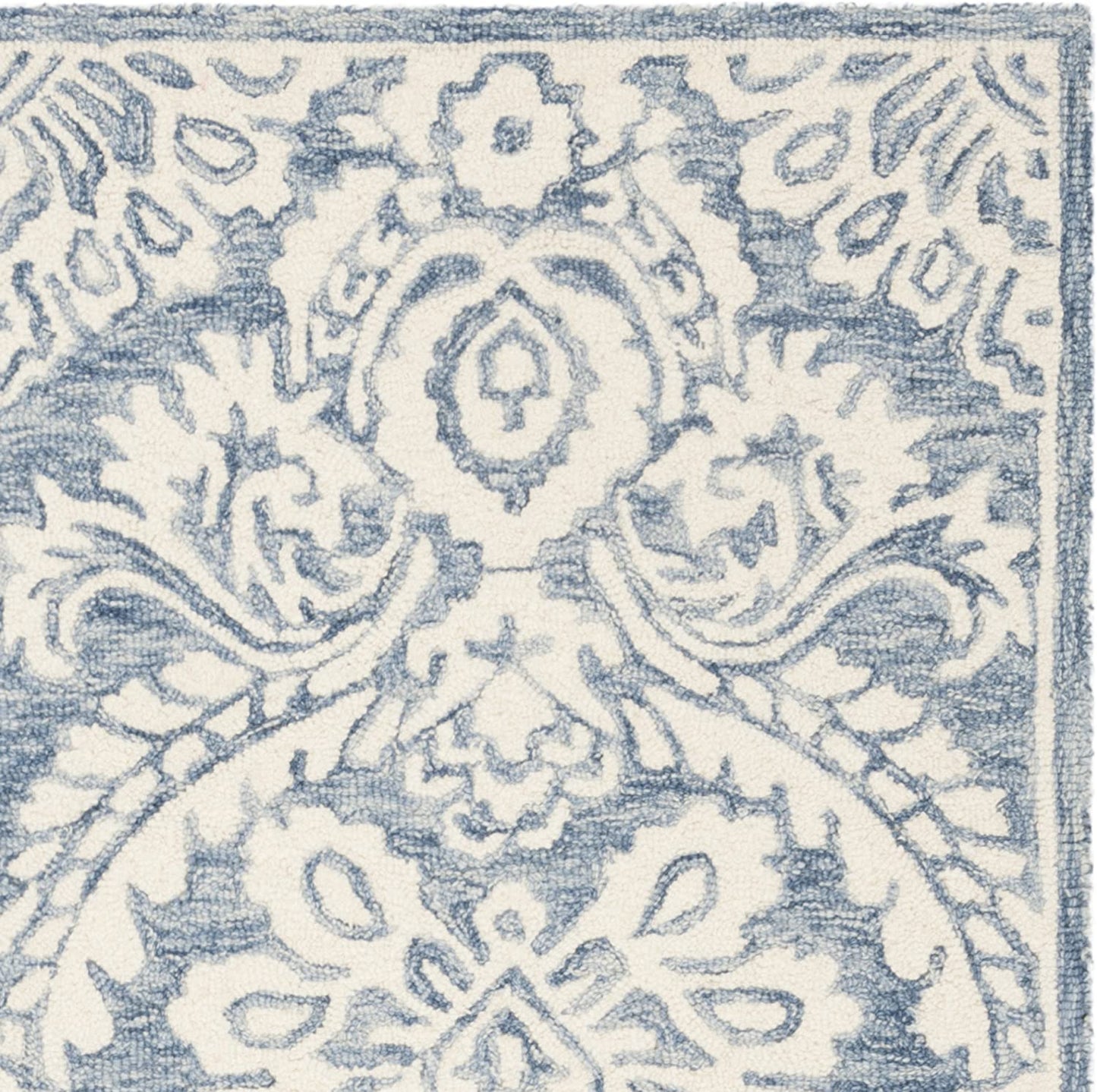 Damask Handmade Premium Wool Area Rug, Blue / Ivory