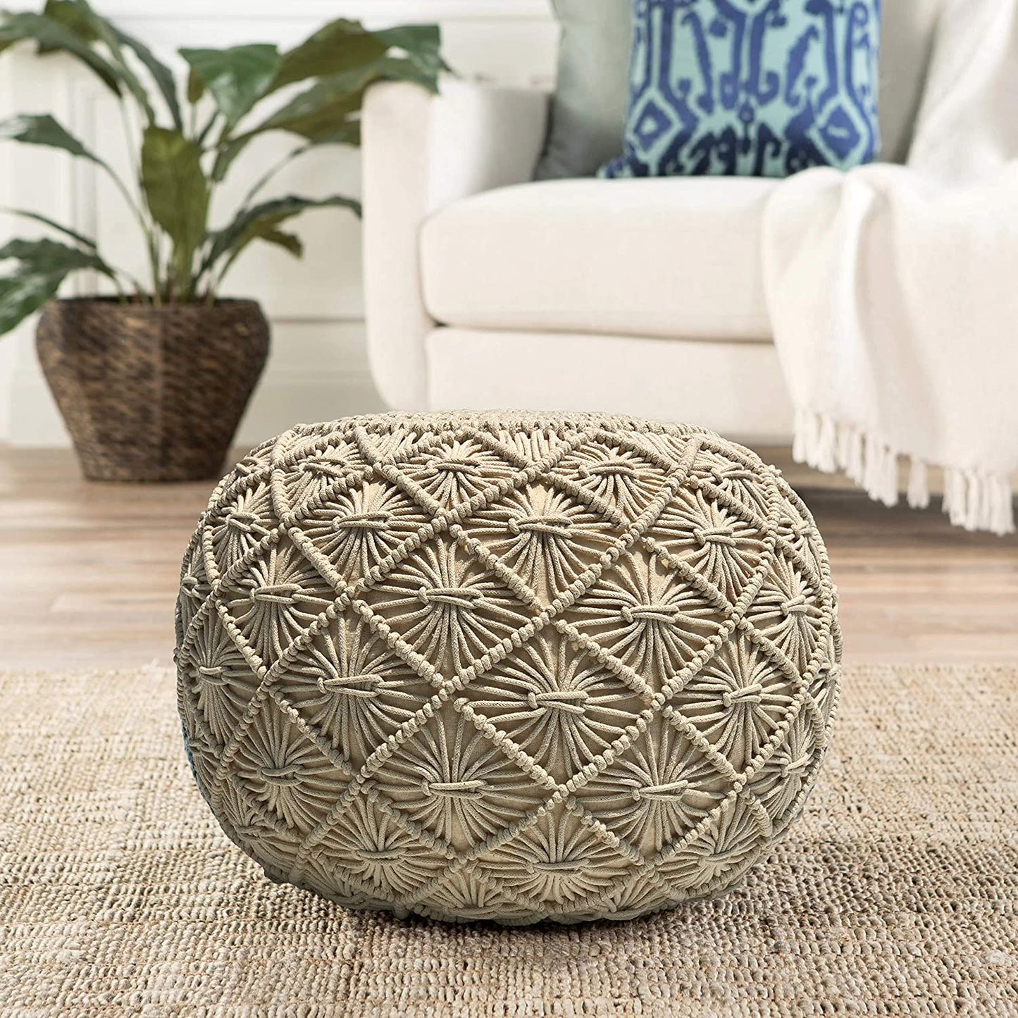 Ottoman Hand Knitted Cable Style Dori Pouf - Macramé Pouf - Cotton Braid Cord