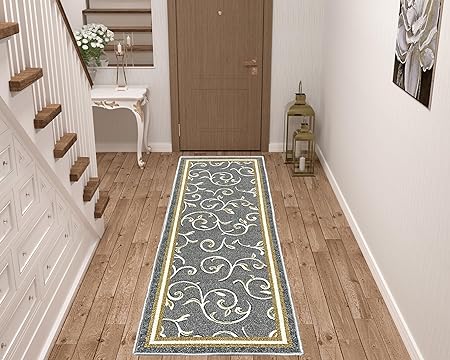 Floral Design Non Slip Rubber Back Kitchen Mat Carpet (Brown, Runner (2'x10')