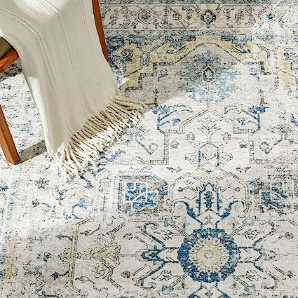 Indoor Floor Print Distressed Carpet Gray Multi Thin Area Rug
