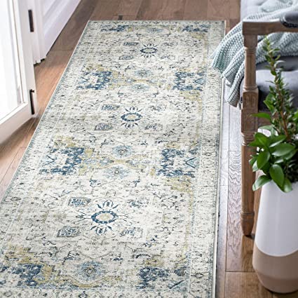 Indoor Floor Print Distressed Carpet Gray Multi Thin Area Rug