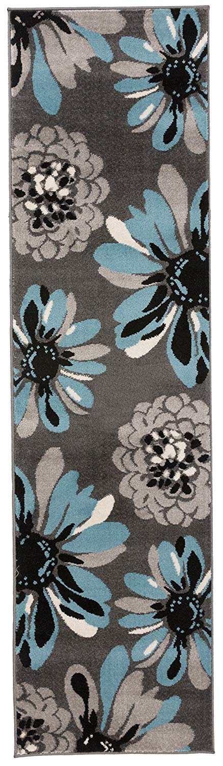 Floral Gray Black Blue Area Rug
