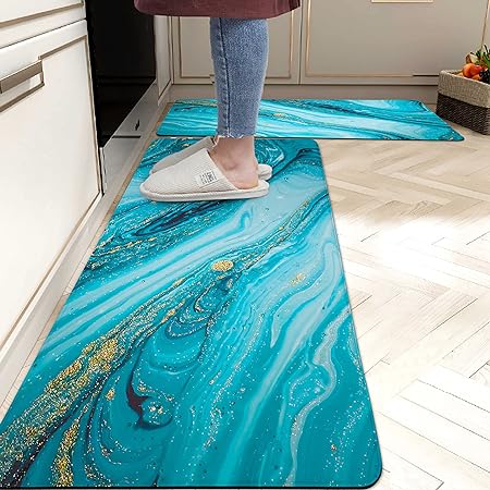 Sets 2 Gold Marble Abstract Cushioned Anti-Fatigue Non-Slip Memory Foam Comfort Standing Mat, 17.3''x 28''+17.3'' x 47''