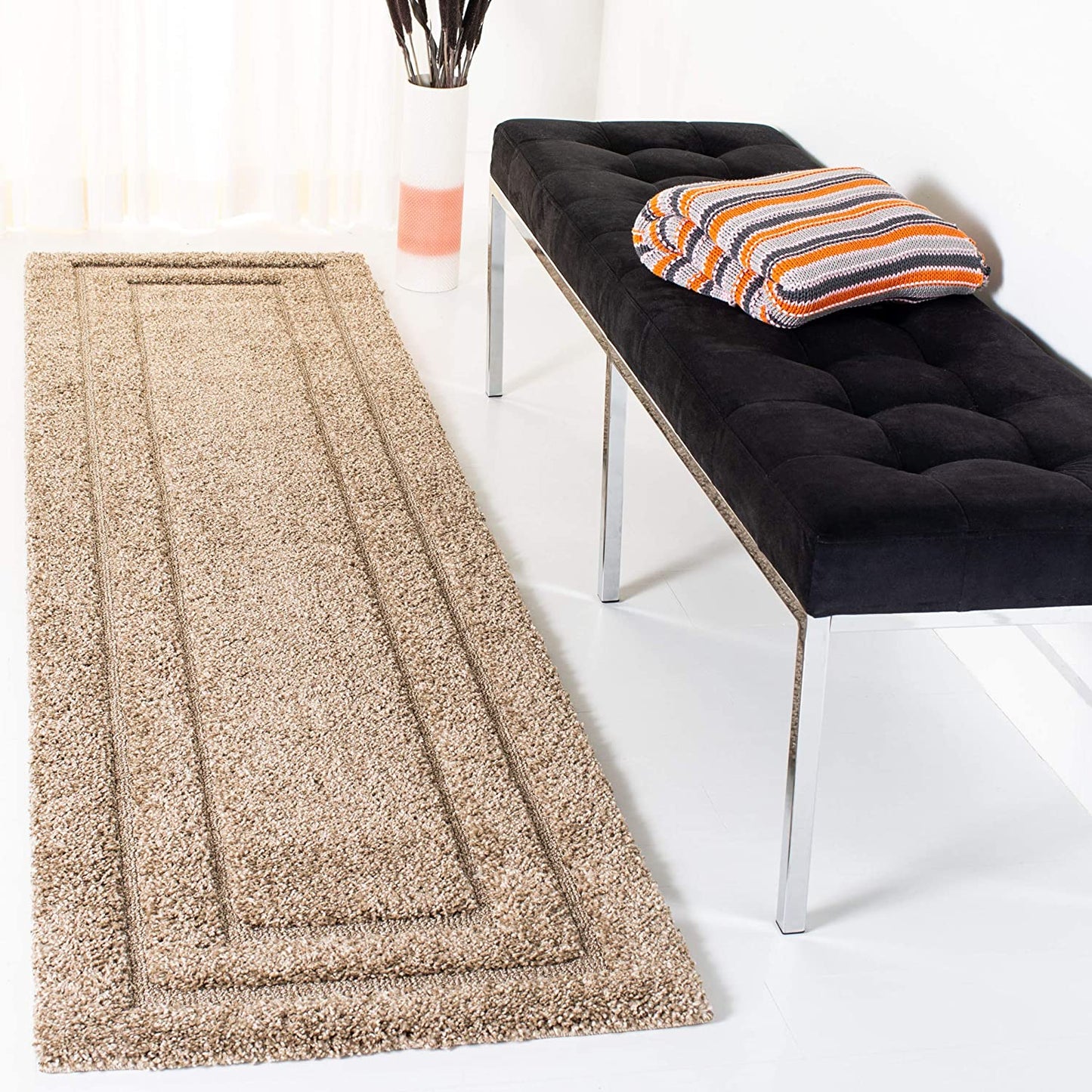 Box Border Beige Thick Plush Shag Area Rug