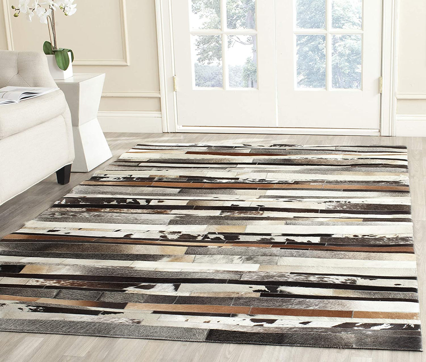 Leather Collection STL215A Handmade Modern Leather Area Rug Ivory / Brown