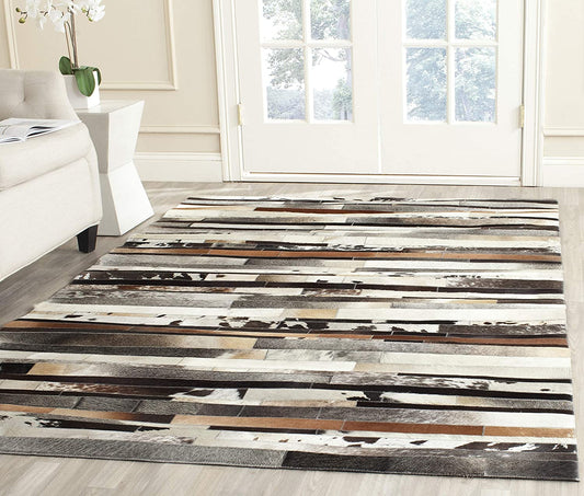 Leather Collection STL215A Handmade Modern Leather Area Rug Ivory / Brown