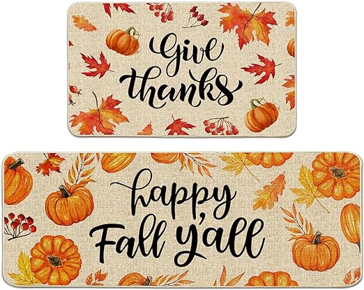 2 Pack Non Skid Washable Fall Kitchen Mats, Size of 17x29 and 17x47 Inch