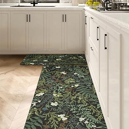 Black Green Botanical Kitchen Rugs Set of 2 2/5" Thick Leather Carpet for Laundry Office Sink(17.3" x28" + 17.3" x 47"