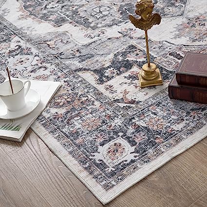 Indoor Floor Print Distressed Carpet Gray Multi Thin Area Rug