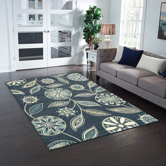 Maples Floral Non Skid Washable Persian Blue Area Rug