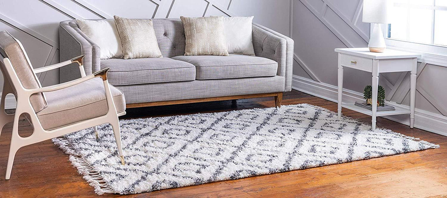 Lattice Tassel Ivory Gray Plush Shag Area Rugs