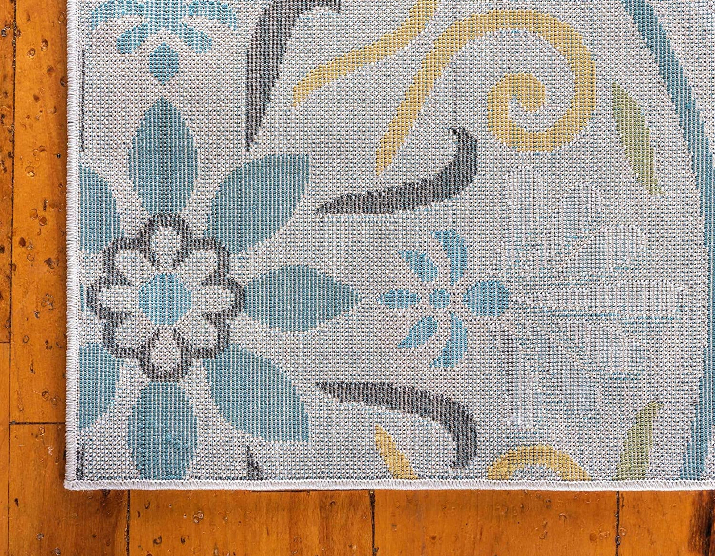 Carved Floral Transitional Indoor/ Outdoor Flat Weave Ivory/Teal Area rug
