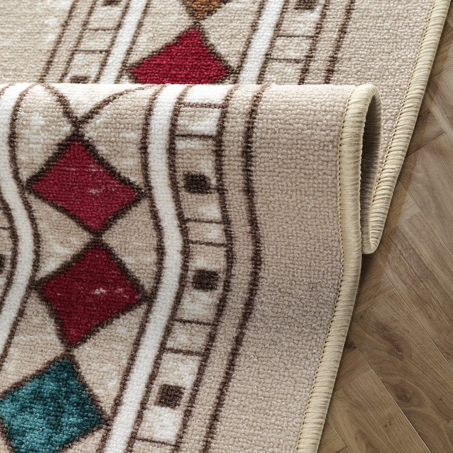 Bordered Non-Skid Low Profile Pile Rubber Backing Kitchen Area Rugs Beige