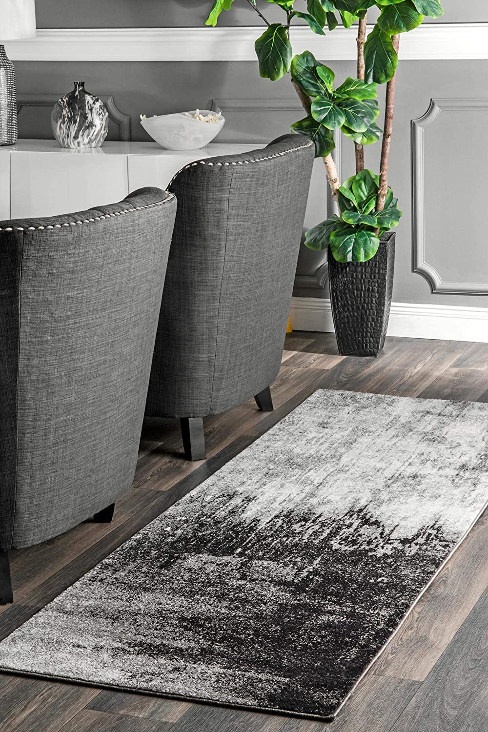 Contemporary Abstract Area Black Grey Soft Rug
