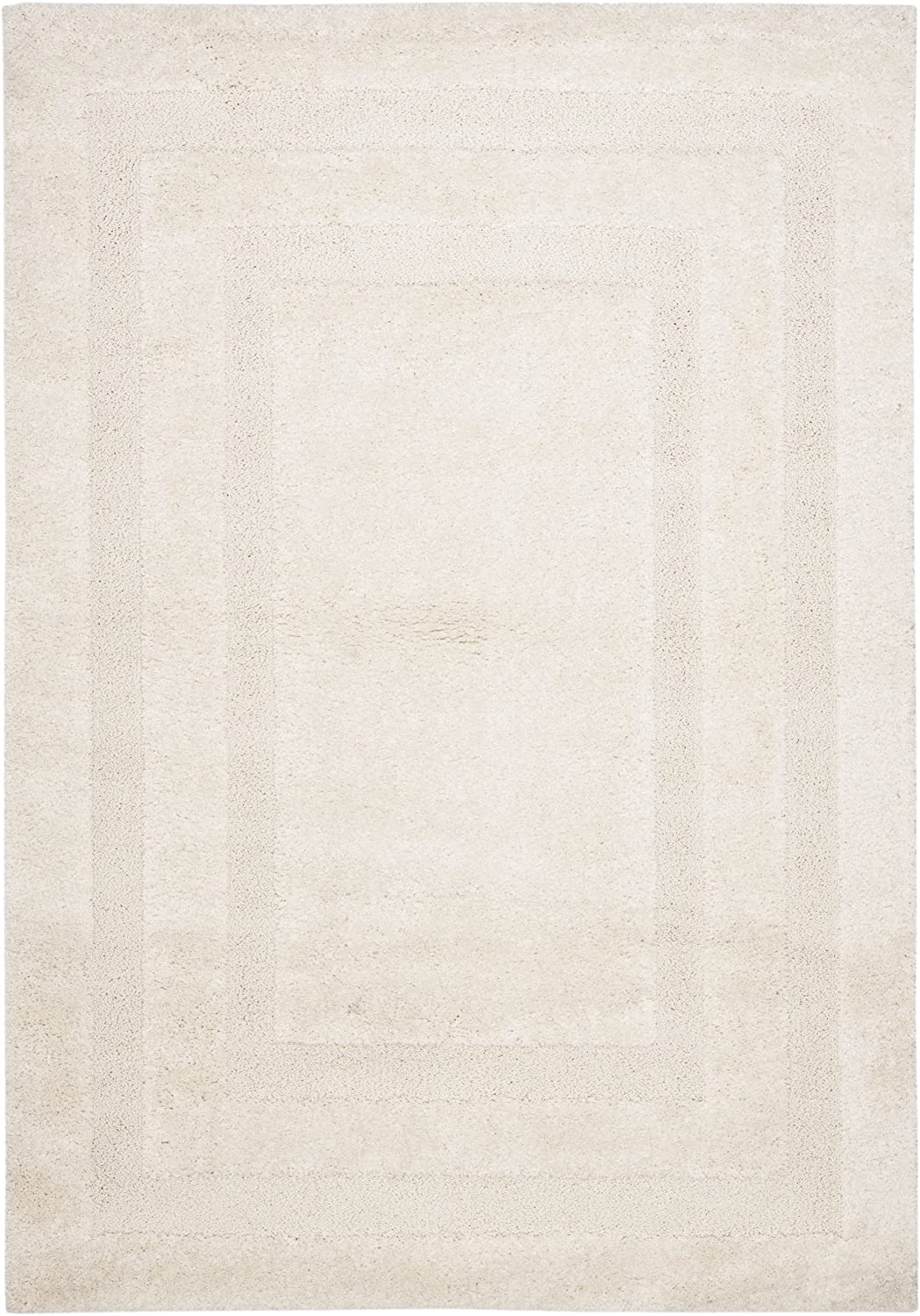 Cream Box Border Textured Thick Shag Area Rug