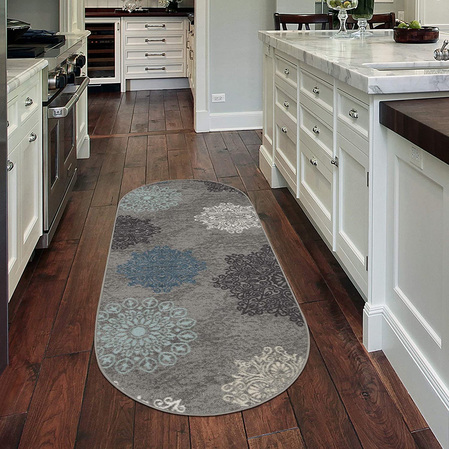 Modern Floral Non-Skid (Non-Slip) Low Profile Pile Rubber Backing Indoor Area Rugs Gray