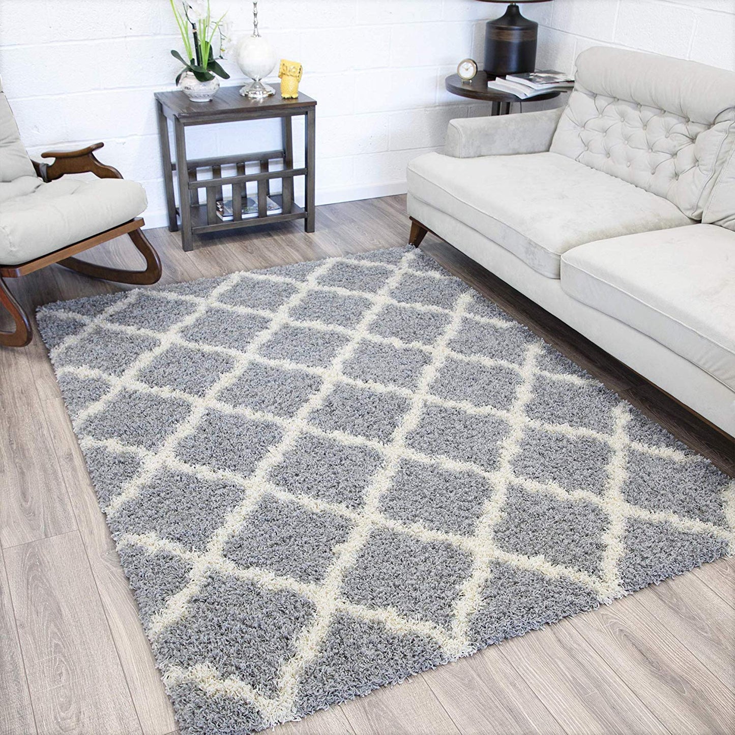 Gray Soft White Shag Trellis Area Rugs
