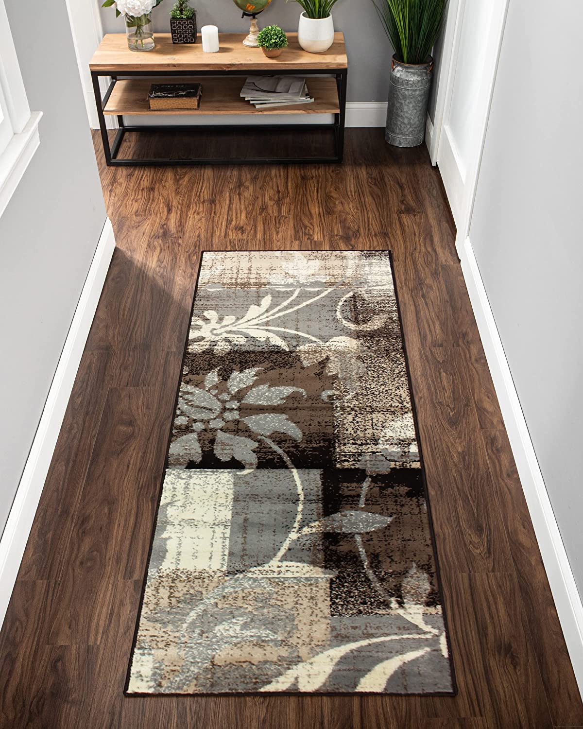 Floral Patchwork Design Brown Ivory Area Rug