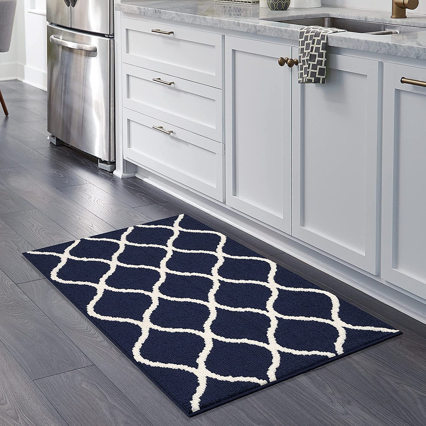 Maples Rugs Rebecca Contemporary Runner Rug Non Slip Navy Blue/White