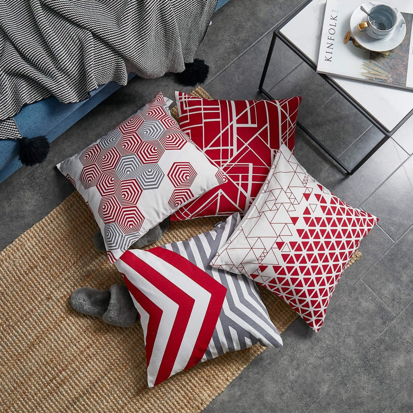 Set of 4 Black Geometric 100% Cotton Throw Pillow Case Cushion Cover