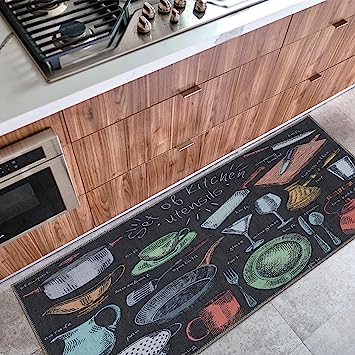 Machine Washable Wrinkle Free Coffee Cup Design Cotton 2 x 5 Kitchen Runner Rug (20" x 59", Beige)