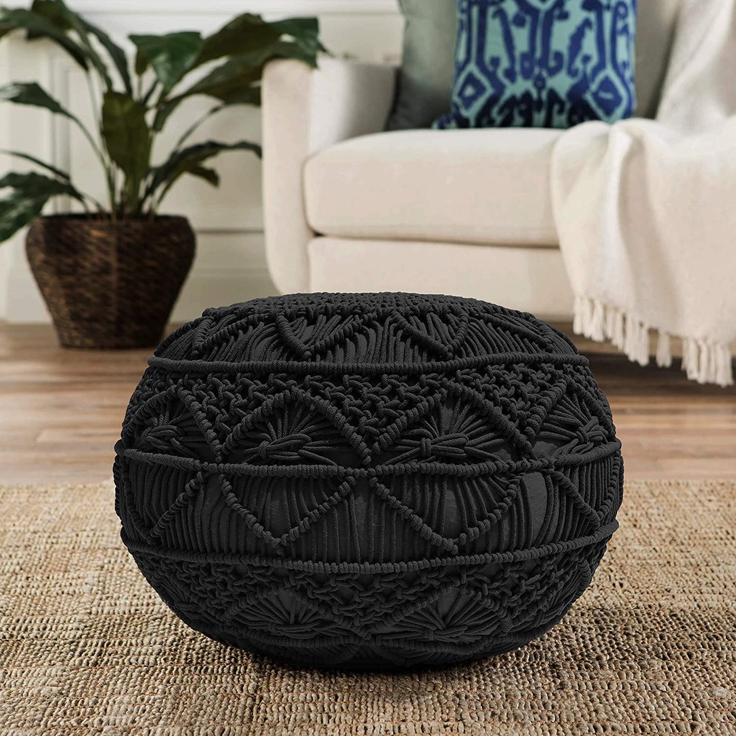 Ottoman Hand Knitted Cable Style Dori Pouf - Macramé Pouf - Cotton Braid Cord