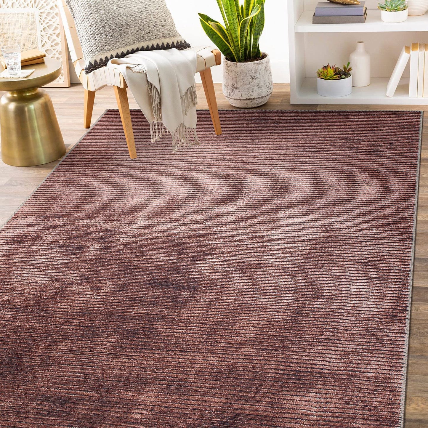 Contemporary Distressed Stripe Stain Resistant Flat Weave Eco Friendly Premium Recycled Machine Washable Area Rug 3'3"x5' Rust