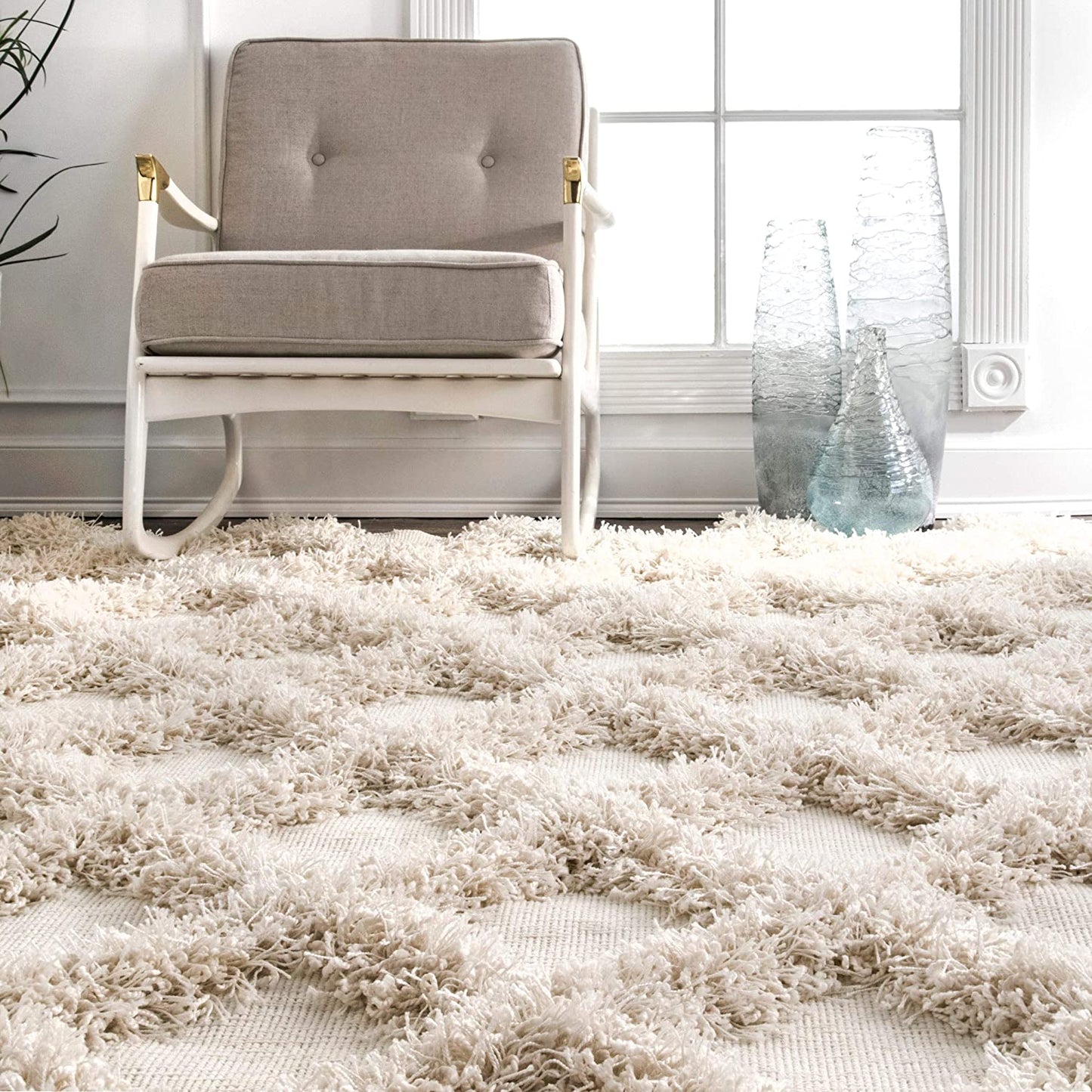 Diamond Trellis Shag Area Rug, Ivory
