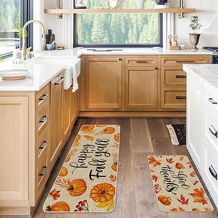 2 Pack Non Skid Washable Fall Kitchen Mats, Size of 17x29 and 17x47 Inch