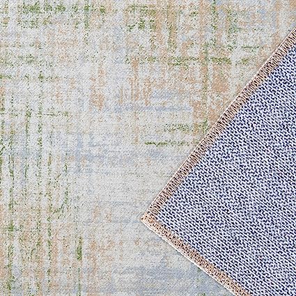 Entryway Abstract Distressed Green Multi Contemporary Carpet Print Chenille Thin Rug
