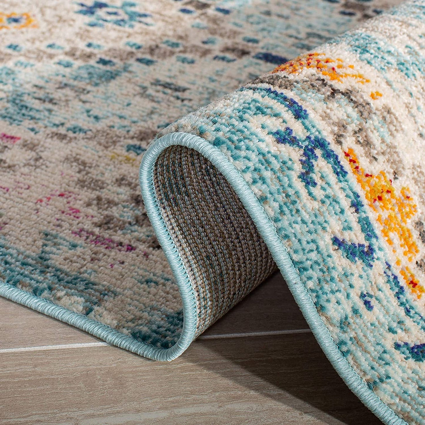 Boho Diamond Distressed Area Rug, Blue/Yellow