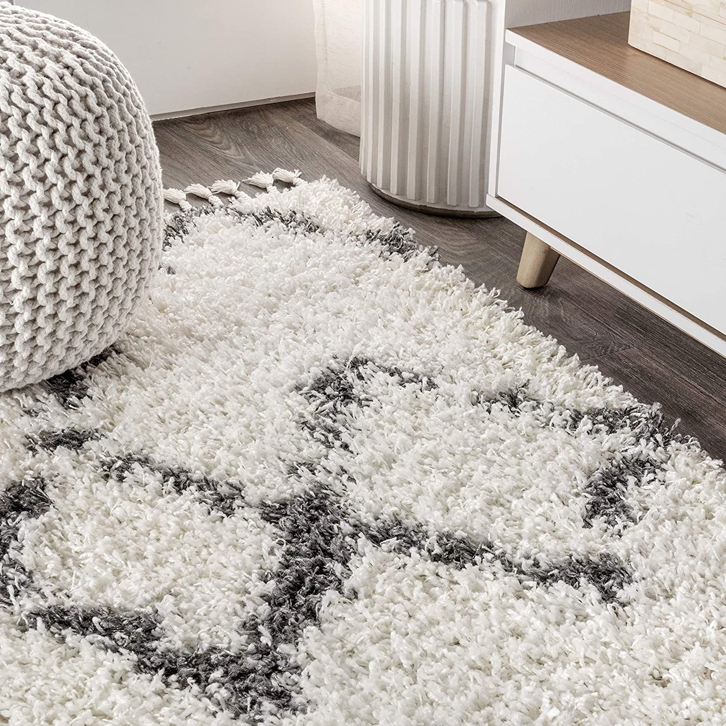 Mercer Plush Tassel Moroccan Tribal Geometric Trellis Cream/Grey Shag Area Rug