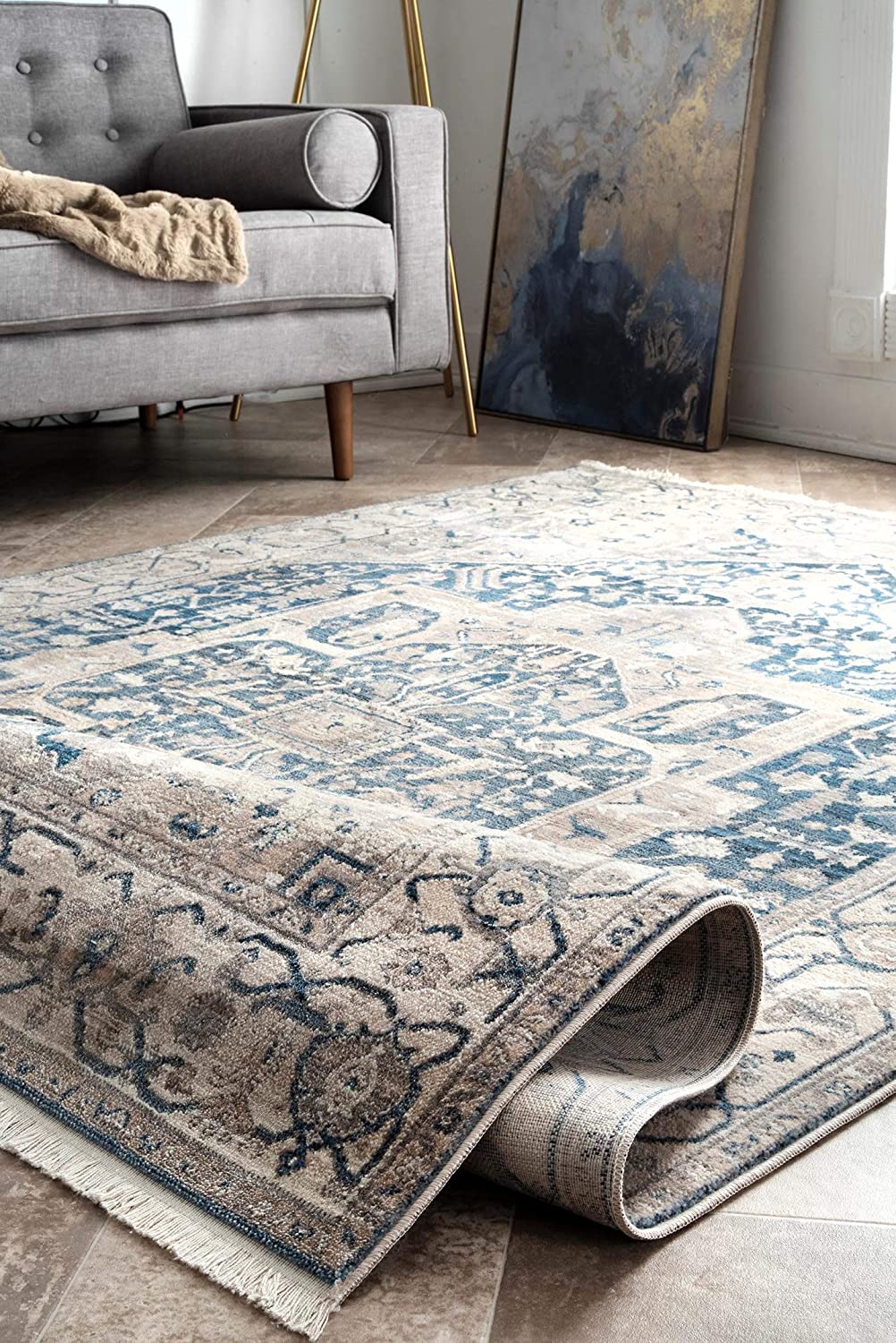 Grey Medallion Fringe Soft Area Rug