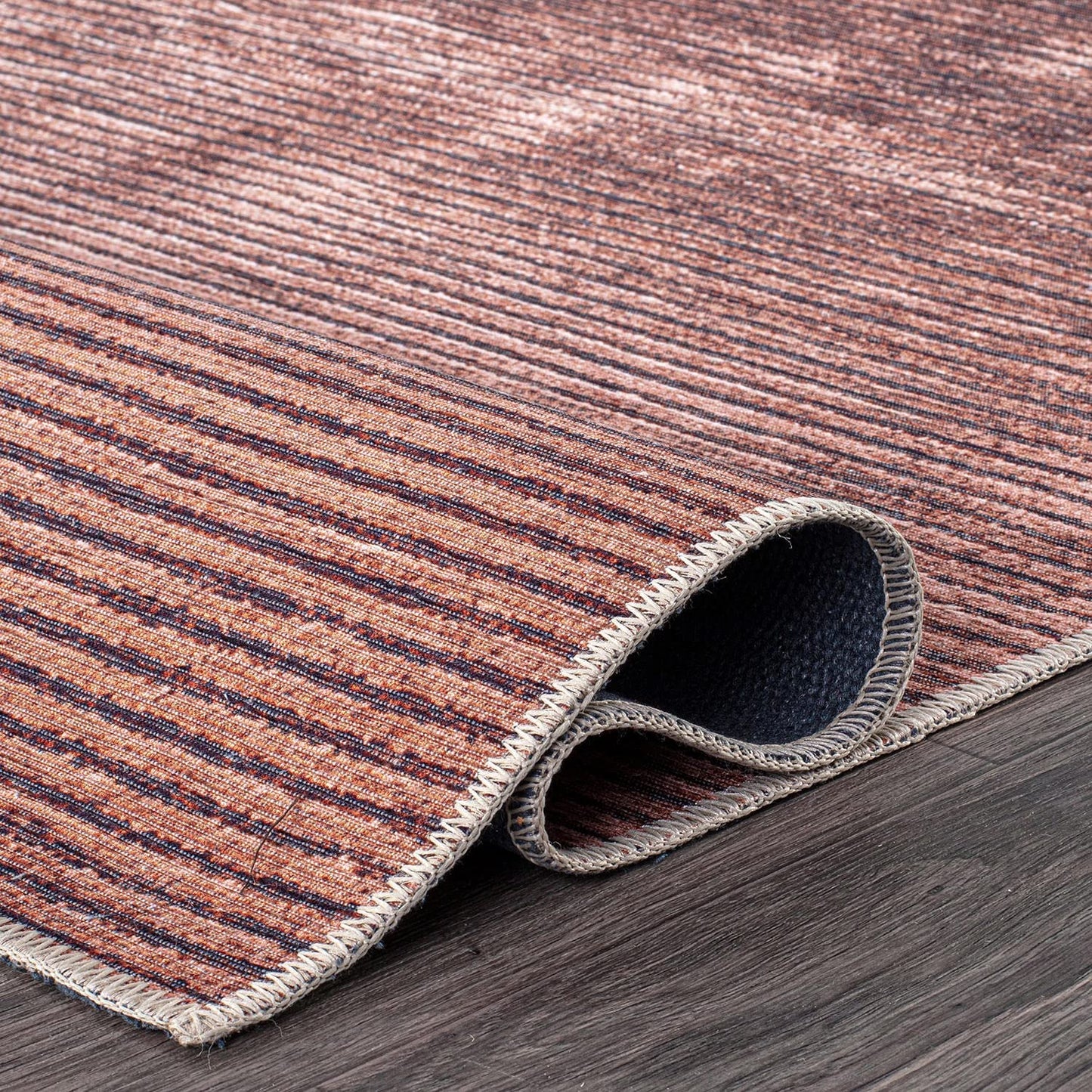 Contemporary Distressed Stripe Stain Resistant Flat Weave Eco Friendly Premium Recycled Machine Washable Area Rug 3'3"x5' Rust