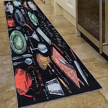 Machine Washable Wrinkle Free Coffee Cup Design Cotton 2 x 5 Kitchen Runner Rug (20" x 59", Beige)