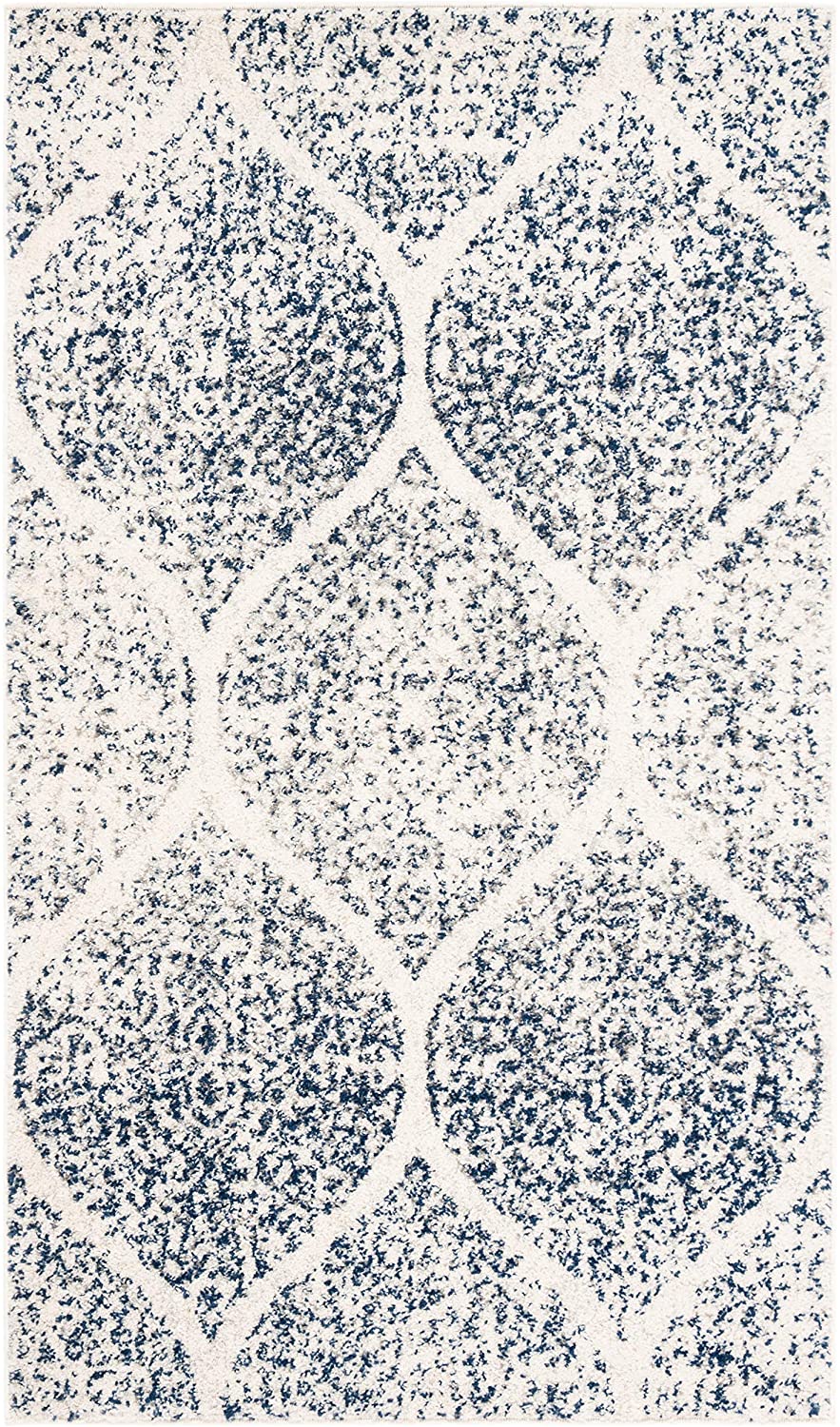 Geometric Trellis Distressed Cream Royal Blue Soft Area Rug